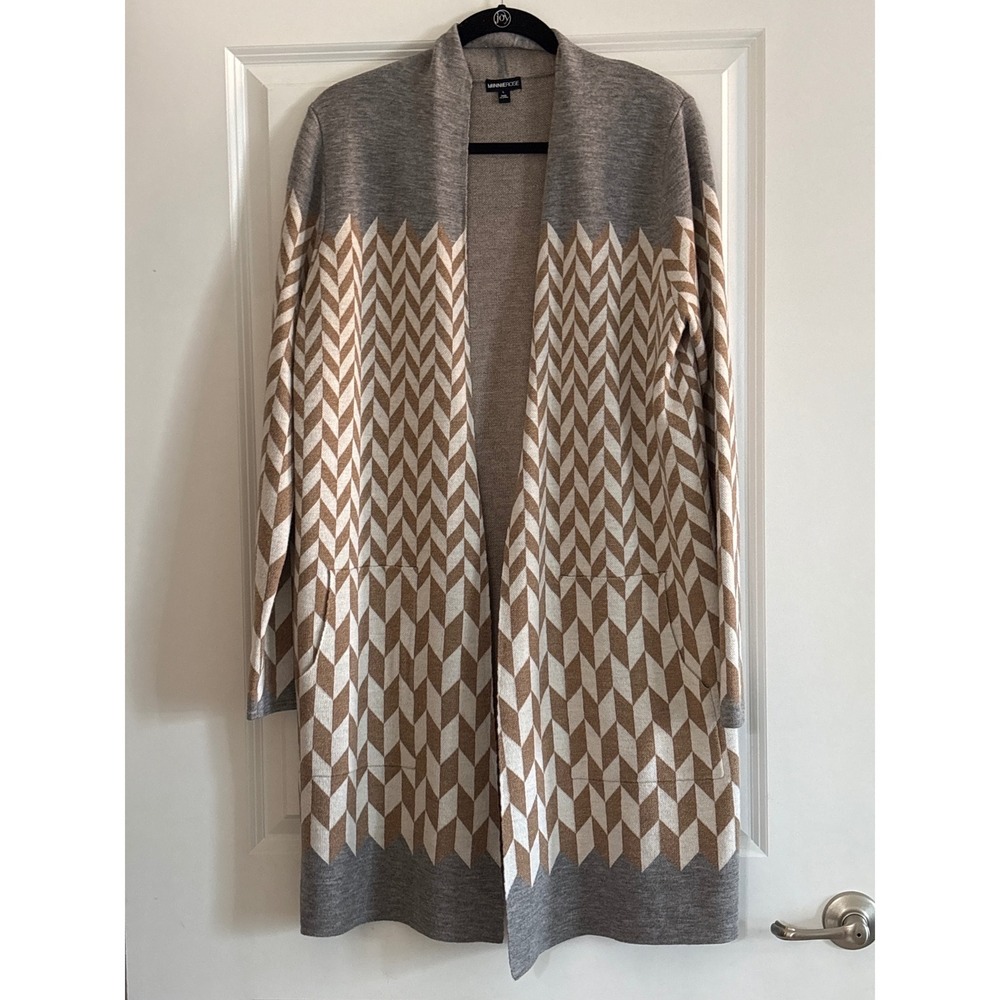 Minnie Rose Merino Wool Geometric Open Cardigan Sweater Size L